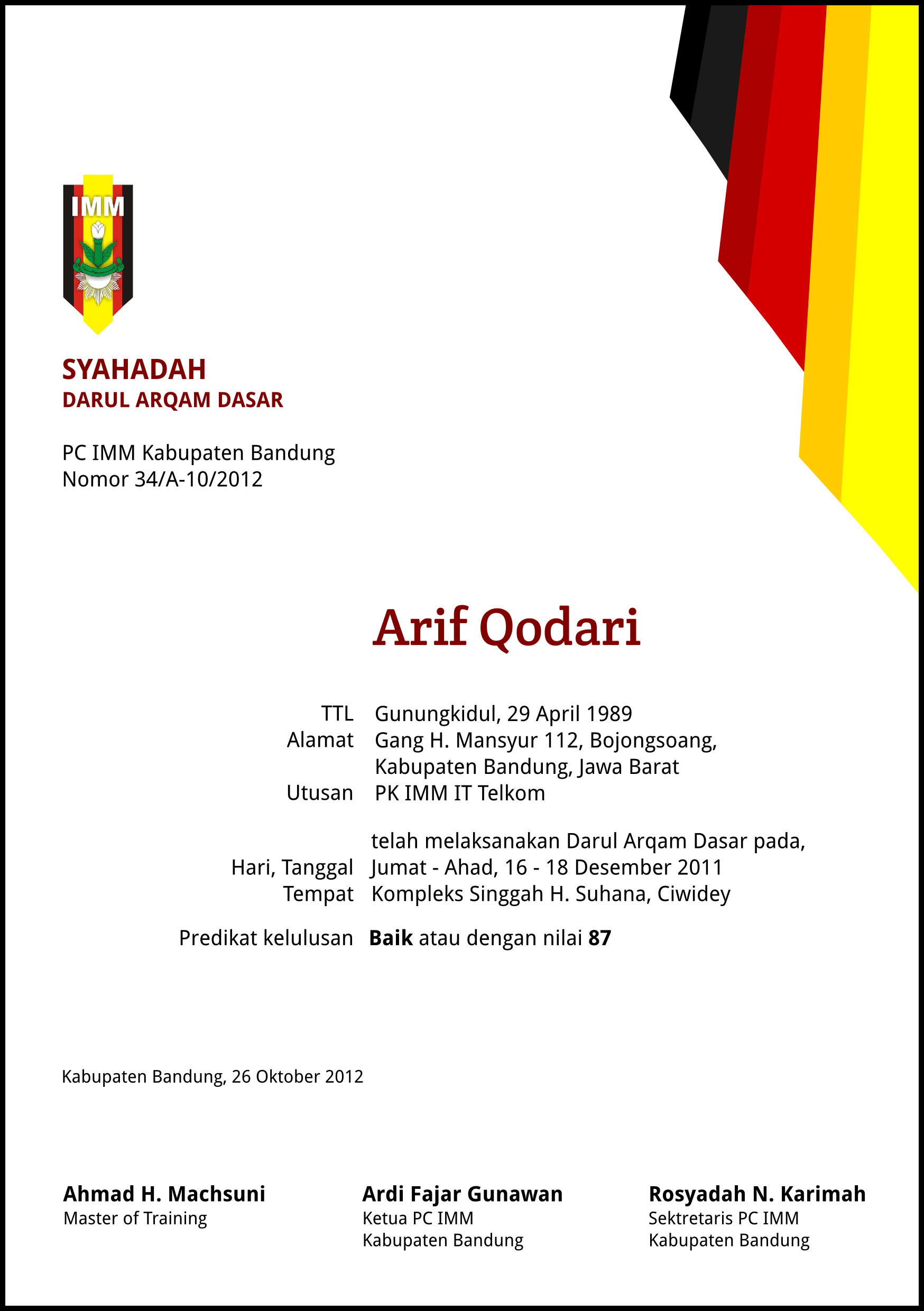 Desain sertifikat  PC Ikatan Mahasiswa Muhammadiyah 